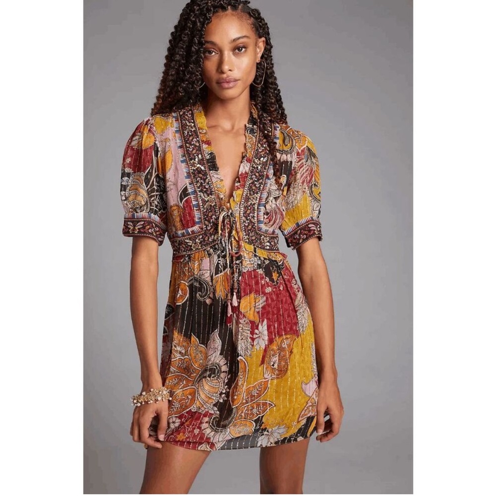 Verb/Anthropolgie Paisley Sequin/Beaded Ruffle Shimmer Mini Dress Size XXS